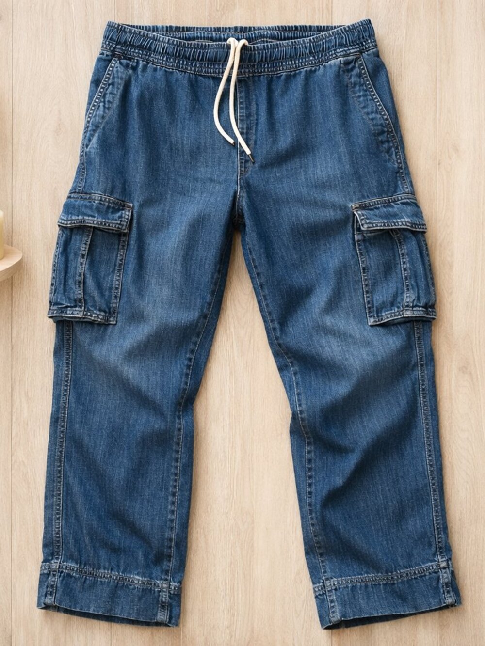 James Perse Denim Cargo Pants Full‑Length Relaxed Fit Drawstring Waist Size 3
